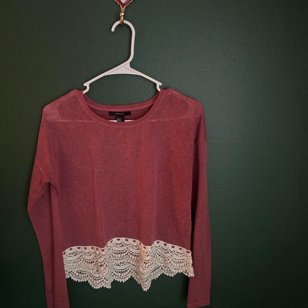 Forever 21 Mauve Long Sleeve Top with Lace Hem